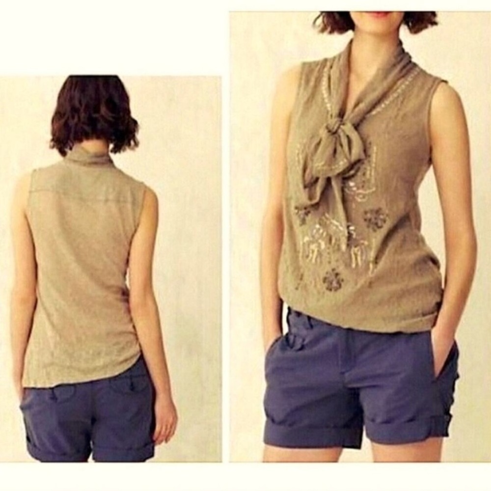 🌟2 for $10 🌟 Fei | Anthropologie | Embellished Crinkle Knit Tank | Taupe | XS 🕗